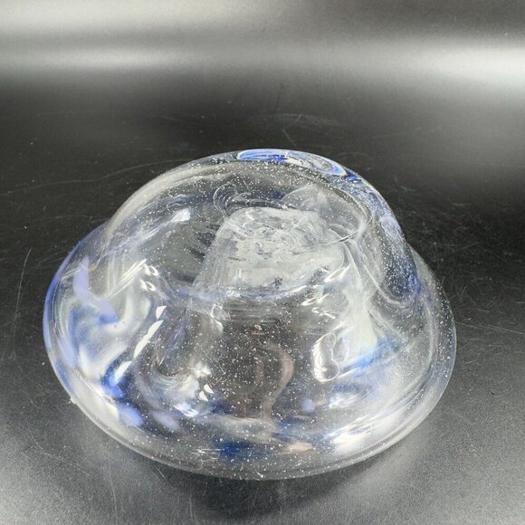 Vintage Hand Blown Art Glass Dish Bowl Clear With Blue Spots Hand Made Glass VTG - Picture 11 of 16